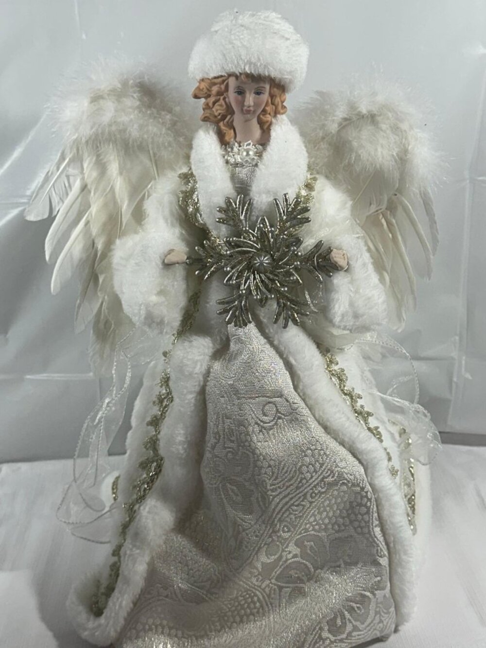 Angel Tree Topper 16 Inch White Angel Holding Snowflake Gold Silver Trim